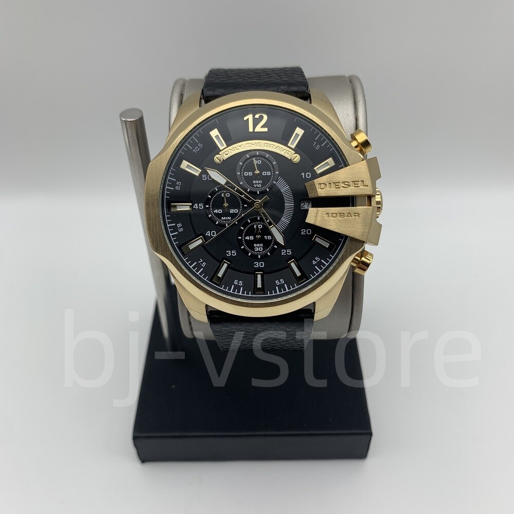 Diesel DZ4344 Mega Chief Chronograph Gold Case Black Leather Strap Men's Watch