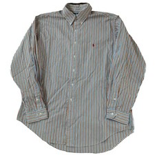 Vintage Ralph Lauren Polo Logo Shirt Men's Size XL 17 Blue Striped Button-up LS