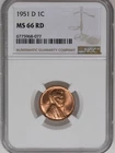 1951 D Lincoln Wheat Cent MS 66 RD NGC