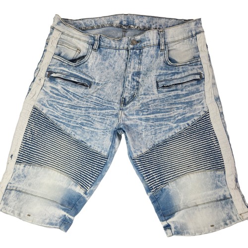 Blue Stone Wash Striped Moto Destroyed Denim Shorts Mens Size 38 Zip Pockets - Picture 12 of 12