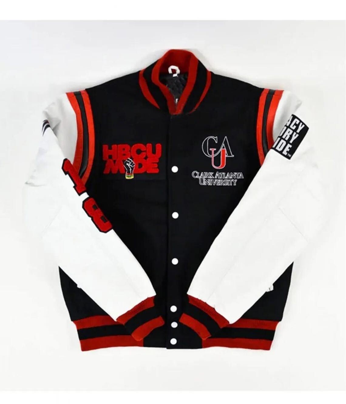 Clark Atlanta University Motto 2.0 Varsity Jacket in White and Black