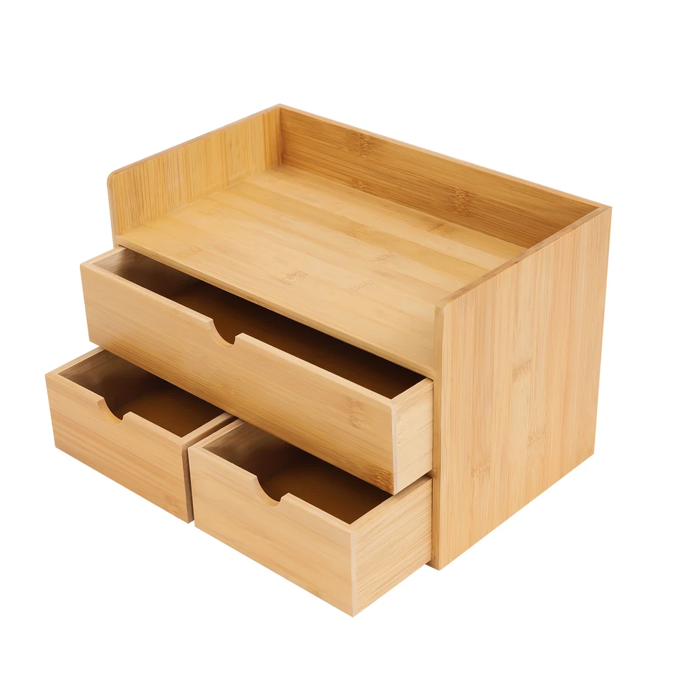 3 Drawers Raw Wood Color Tabletop Storage Box Bamboo Desk Organizer Fit Office - Image 4 of 4