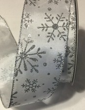 5 yds. WHITE GLITTER SILVER SNOWFLAKES WIRE EDGE RIBBON 2 1/2" Wide