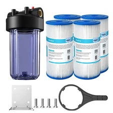 10 Inch Clear Whole House Water Filter Housing &4pcs Pleated Sediment Filtration