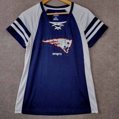 MAJESTIC New England Patriots Top Women's Large NFL Blue Sparkle Football Fan - Picture 4 of 10