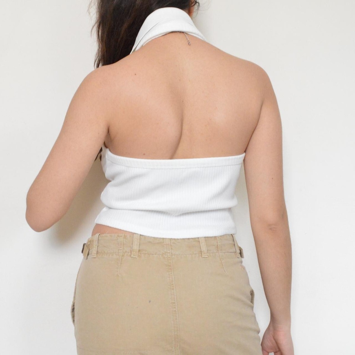 Vintage 00's y2k 2000s white ribbed halter neck top with a