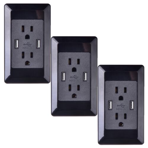 3PK Dual USB Port Wall Charger Dock Station Socket Power Black US Outlet Panel - Picture 1 of 6
