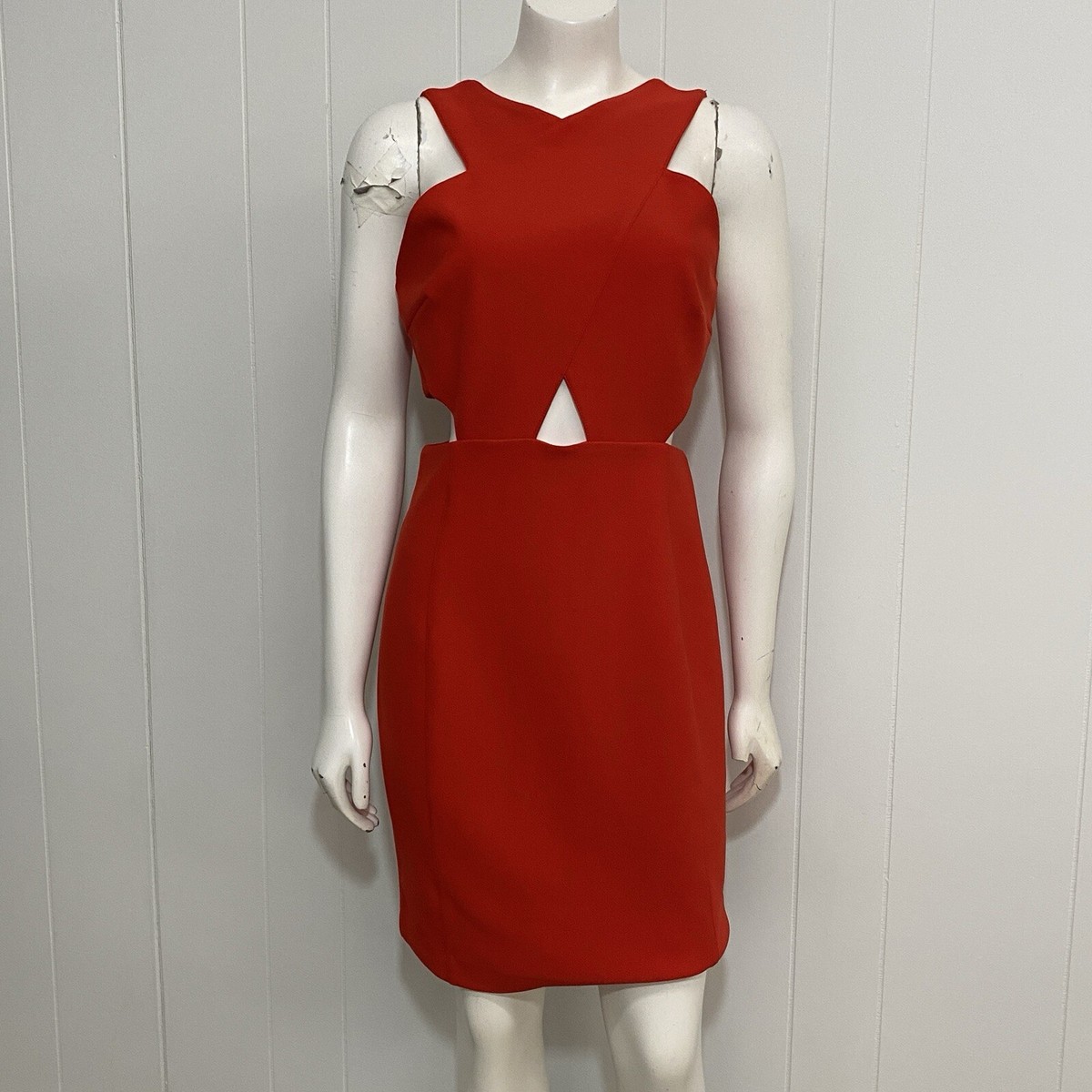 Karen Millen Dress Womens 8 Red Stretch Figure Form Crepe Cross Front Woven  Mini