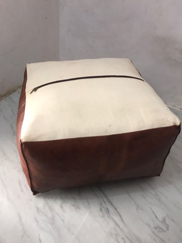 Leather Ottoman Footstool Light Pouffe Moroccan Brown Pouf Handmade Stool Square - Picture 5 of 20