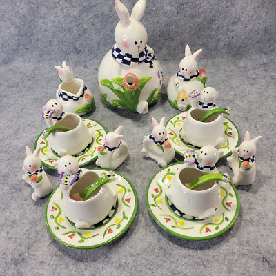 Mercuries Tea Set Ceramic Easter Bunny Spring Tulips 20 Piece Set Vtg. READ