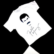 Freddie Mercury Queen, Face & Signature Print T-Shirt, White Cotton, Size: Large