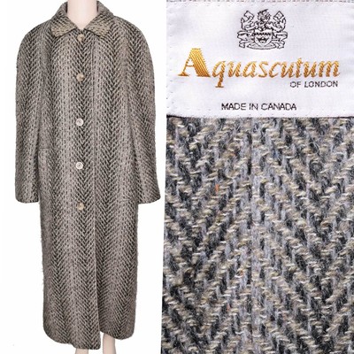 Abrigo Vintage Años 80 Aquascutum Balmacaan Difuso Peludo Lana Tweed Gris  Negro L