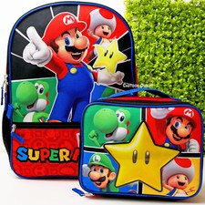 Super Mario Large School Backpack Lunch Box Book Bag SET Kids Yoshi Toad Star