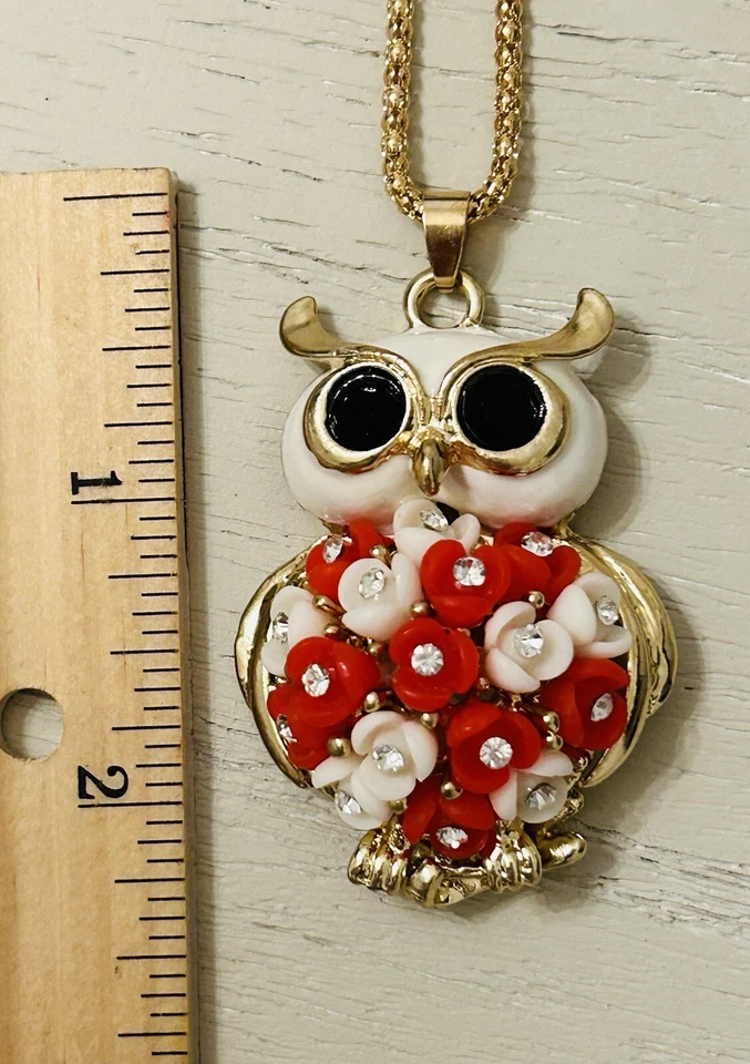 Collar Cadena Colgante Búho Estrás Flor Resina Roja Betsey Johnson Nuevo con Etiquetas Foto 3 de 4