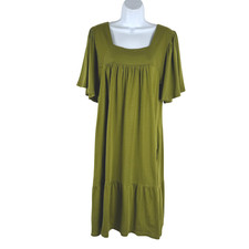 Gudrun Sjoden Flowy Dress Small Green Square Neck Wide Sleeve Lagenlook DR-1848