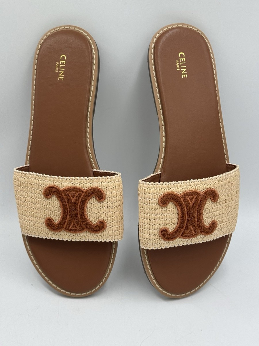 Celine Triomphe Raffia Slide Sandals Size 42 Tan Brown Logo Flat