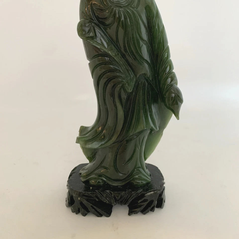 Estatua de Nefrita China Jade Guanyin 7" con Soporte Tallado a Mano Diosa Verde Profundo Foto 3 de 4