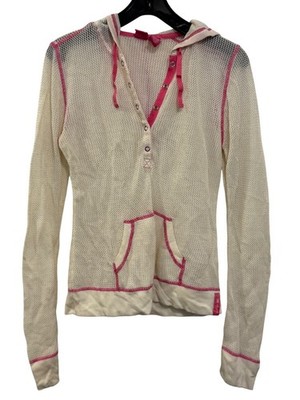 Roxy Mesh Knit Hoodie Jacket Ivory & Pink Womens L Long Sleeve Kangaroo