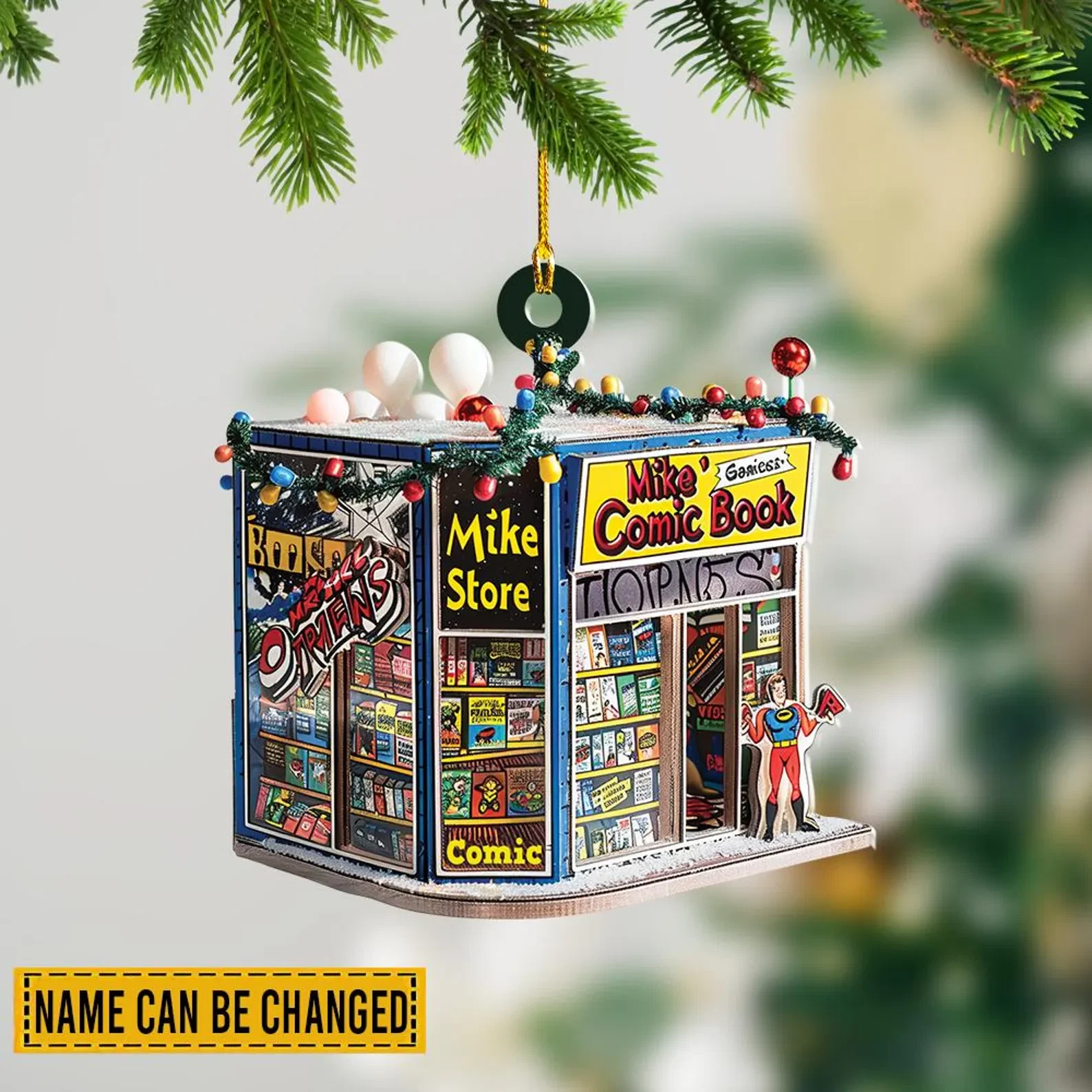 Personalized Comic Book Store Ornament, Custom Name 2D Acrylic Shop Christmas