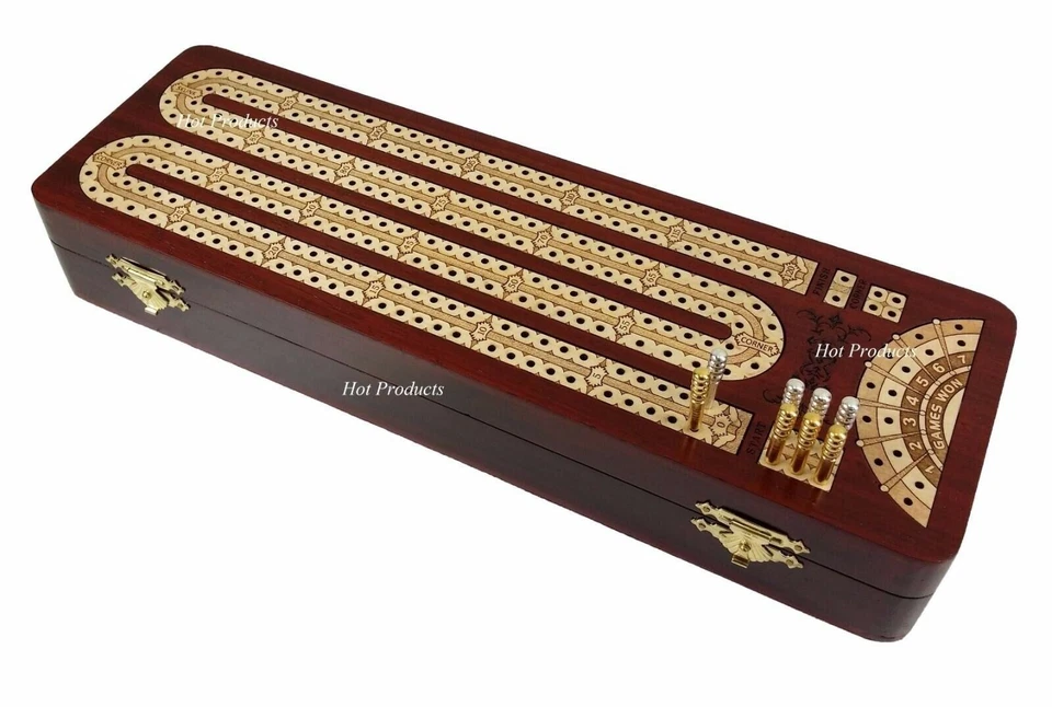 12 1/2" 2 TRACK CONTINUOUS Cribbage Board BLOODWOOD Corner Games Won Storage Box - Image 4 of 4