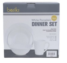 basiks 16 Piece Dinner Set Plates Bowl Mug Cups Porcelain Dishwasher Safe White