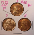 1953 P D S LINCOLN WHEAT CENT PENNY 1C RED GEM BU SET (3 COINS) 531286