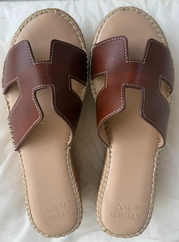 Crown & Ivy Rosa Womens 7.5 Cognac H Band Cork Platform Wedge Sandals Box