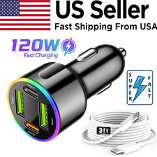 120W Fast Car Charger 4Port Adapter  Cable For Samsung S25 S24 S23 S22 Series