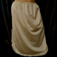 FORTUNE Large Half Slip Skirt IVORY SATIN Nylon Antron Lace Side Slits USA VTG