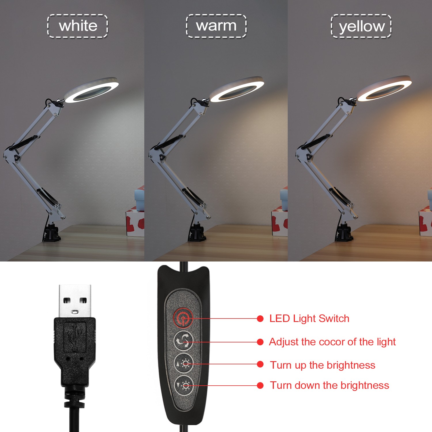 5X Magnifying Glass Desk Lamp Magnifier LED Light Foldable Reading Lamp