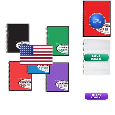 Top Flight 3-Subject Spiral Notebooks Wide Ruled 24-Pack 120 Sheets 5 Colors