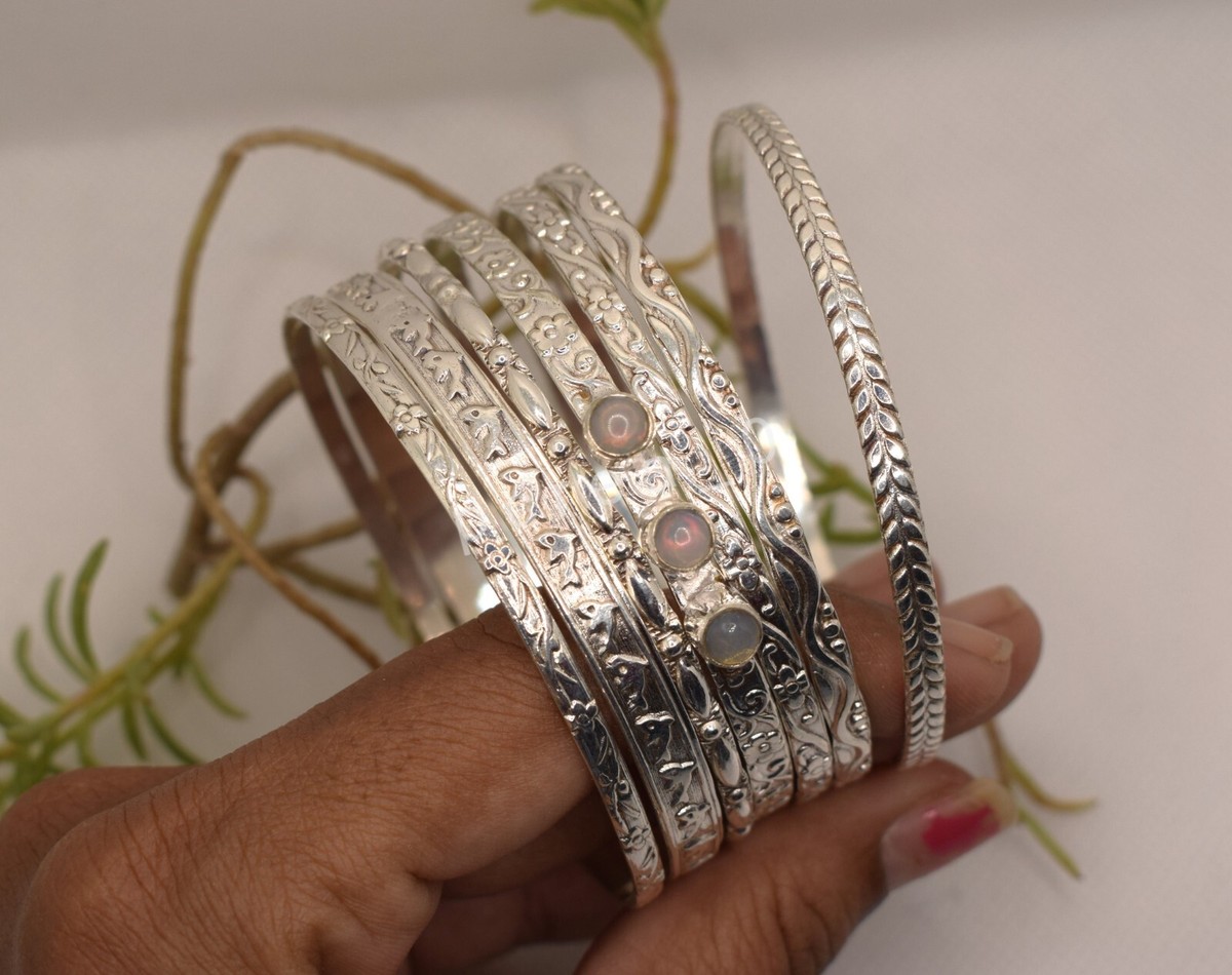 Multi Design 7 Set of Bangles, Opal Bracelet 925 Silver Bangles
