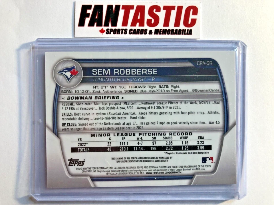 2023 Bowman Chrome  1st Auto #CPA-SR Sem Robberse Toronto Blue Jays - Image 2 of 2
