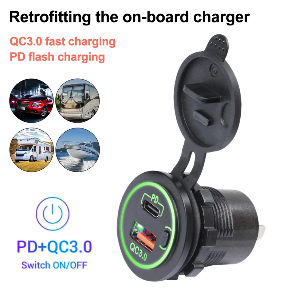 18W QC 3.0 USB + PD Type-C Fast Car Charger Socket Adapter Power Outlet 12V 24V - Image 2 of 4