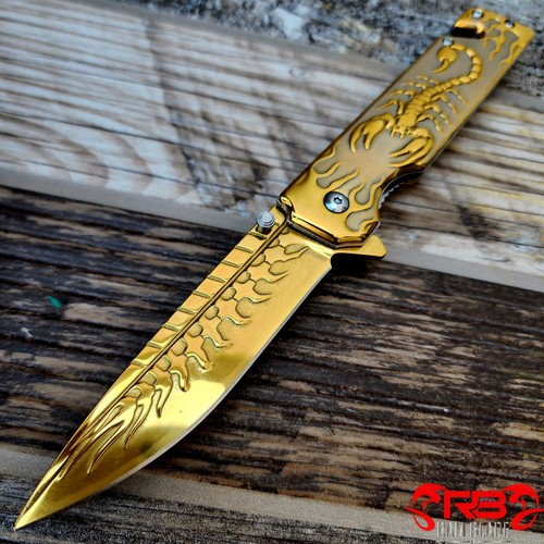9" GOLD SCORPION HANDLE SPRING ASSISTED OPEN FOLDING BLADE POCKET KNIFE 7CR13 - Picture 3 of 4