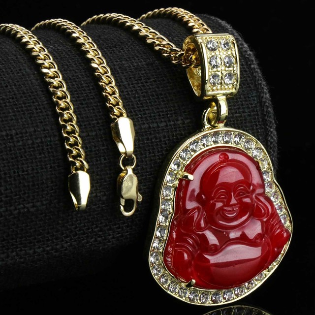 Medium Buddha Red Resin 14k Gold PT 3mm 24" Cuban Necklace Choker Chain