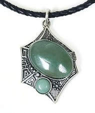 NEW BLACK BRAIDED LEATHER CORD,AGED SILVER TONE,GREEN STONE PENDANT,NECKLACE 