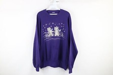 Vtg 90s Streetwear Womens XL Faded Snow Cat Kitten Crewneck Sweatshirt Purple