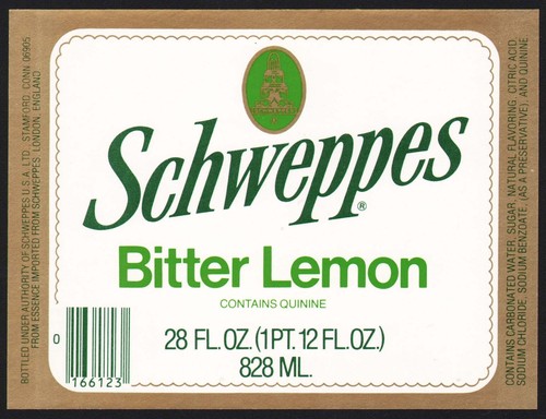 Vintage soda pop bottle label SCHWEPPES BITTER LEMON 28oz size Stamford CT nrmt+ - Picture 2 of 2
