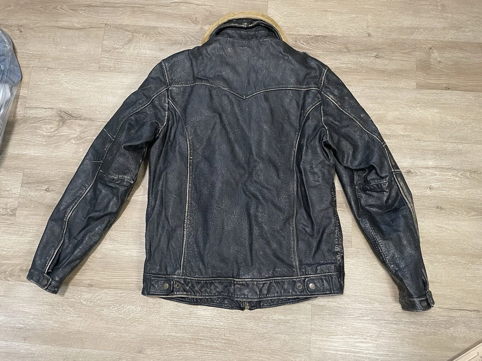 Chaqueta de trapo americana de colección para mujer talla L negra imitación cuero cuello de piel moto aviador Foto 2 de 4