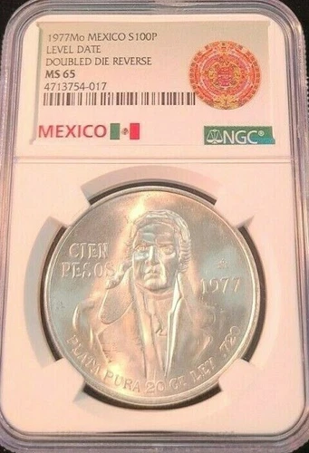 1977 MEXICO SILVER 100 PESOS S100P DOUBLED DIE REVERSE NGC MS 65 SCARCE GEM !!!
