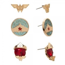 DC COMICS "WONDER WOMAN" 3 Pair Set Of Stud Earrings New On Manufacturers Card