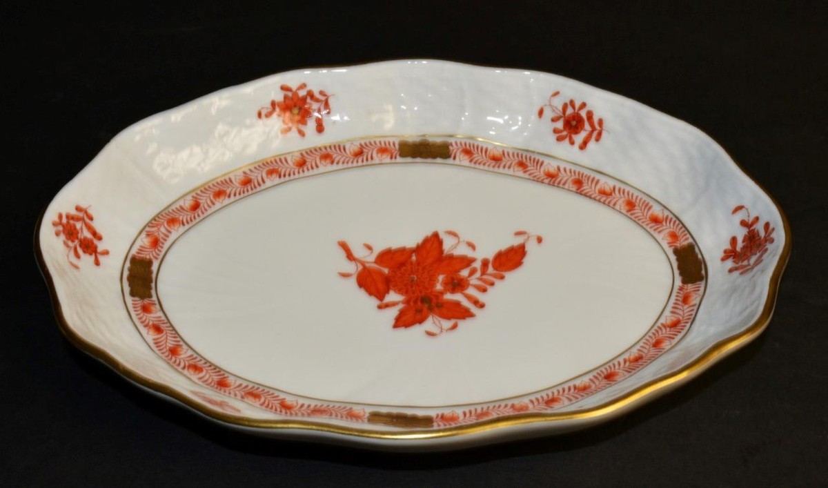 Vtg HEREND Hungary Hand Painted CHINESE BOUQUET Rust Oval Shape