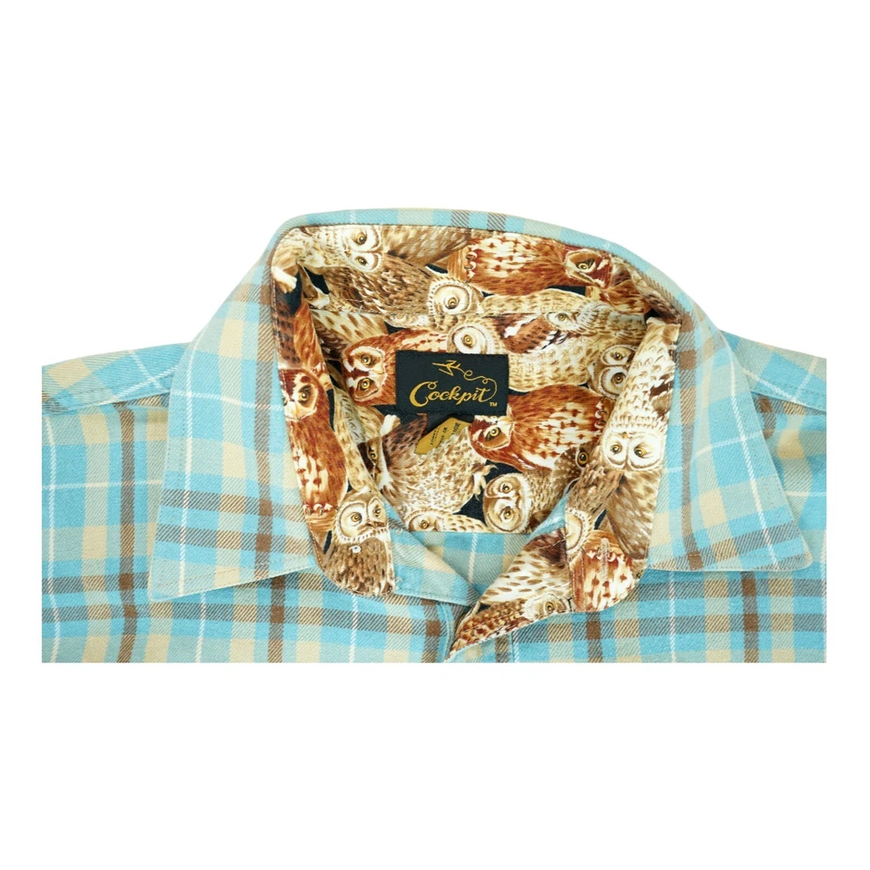 Camisa xadrez masculina Cockpit EUA grande L azul xadrez estampa de coruja com botões - Imagem 3 de 4