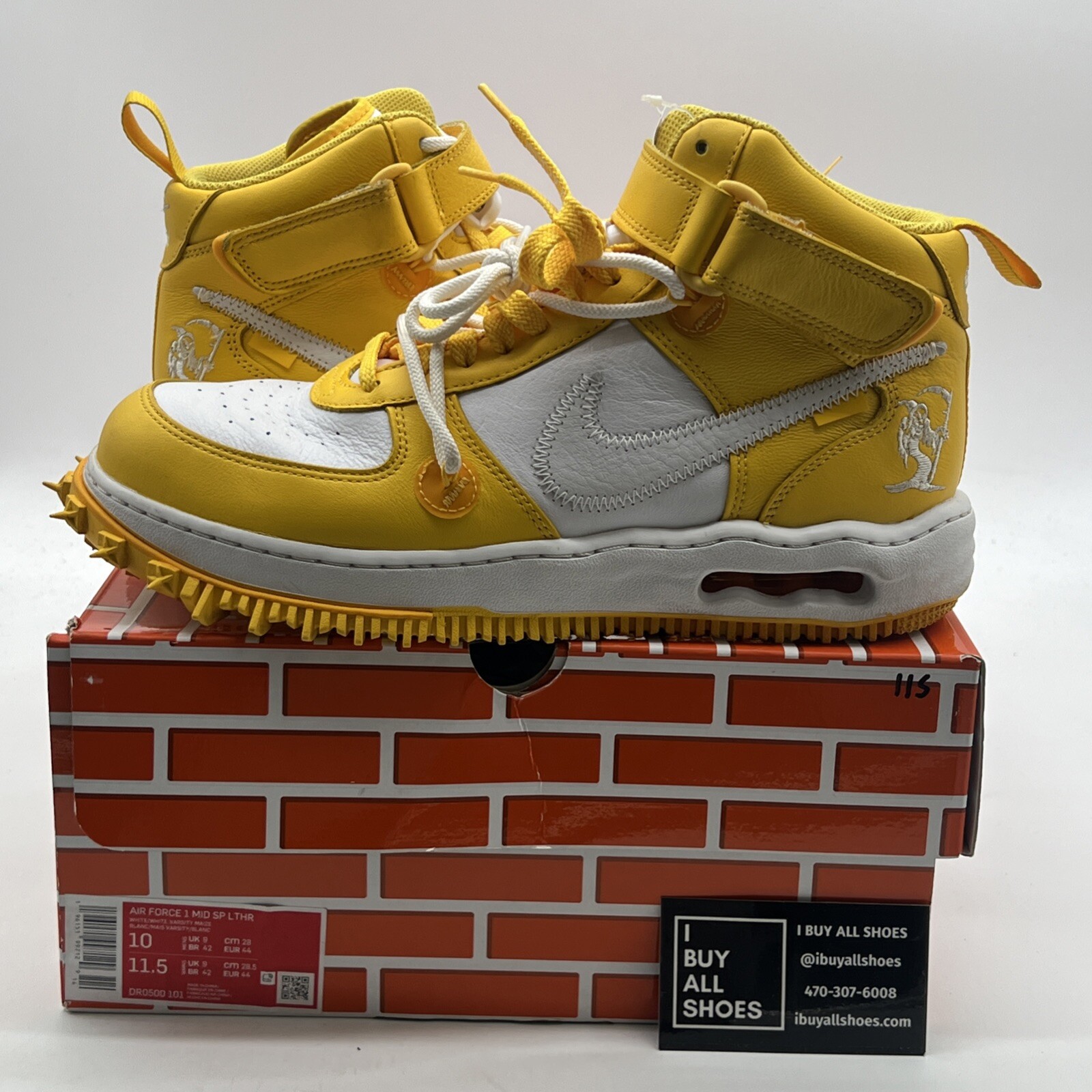 OFF WHITE X NIKE Taglia 10 Nike Off White x Air Force 1 SP Pelle Mid Varsity Maize (DR0500 101)