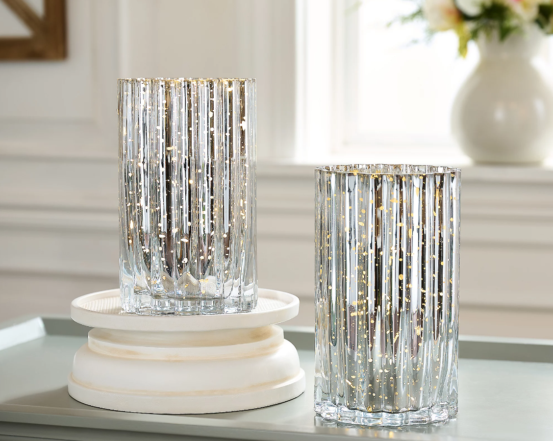 Set of 2 Illuminated Mercury Glass Hurricanes by Valerie - Ribbed ...