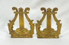 Vintage 5.75" Solid Brass Harp Lyre Bookends Musical - Gatco - Made in Korea