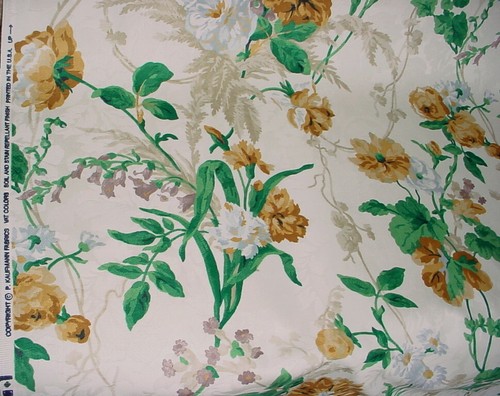 16-3/4Y P KAUFMANN BRIARWOOD MEDIUM GOLD EMERALD FLORAL PRINT UPHOLSTERY FABRIC - Picture 3 of 4
