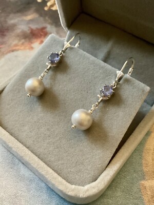 Boucles D'oreilles Anciennes Argent Massif - Perle Grise Et Tanzanite, Style Vintage, Occasion