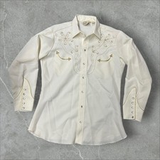 H Bar C Western Shirt Mens 16 White Gold Floral Embroidery Pearl Snap Vintage